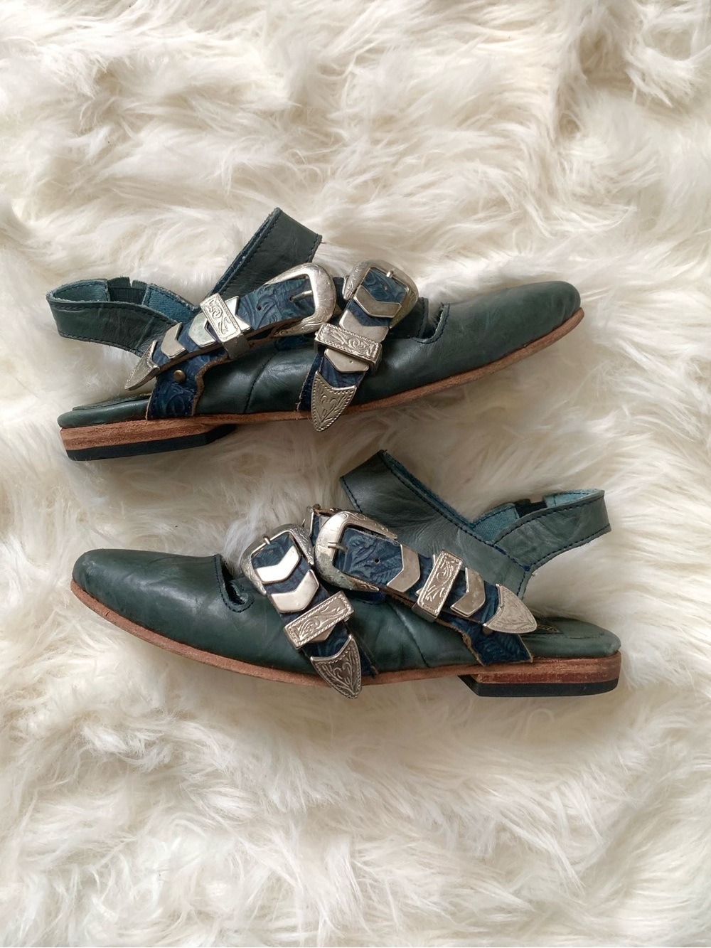 Freebird FB-Elvis Teal & Silver Buckle Western Boho Sling Back Mules 6
